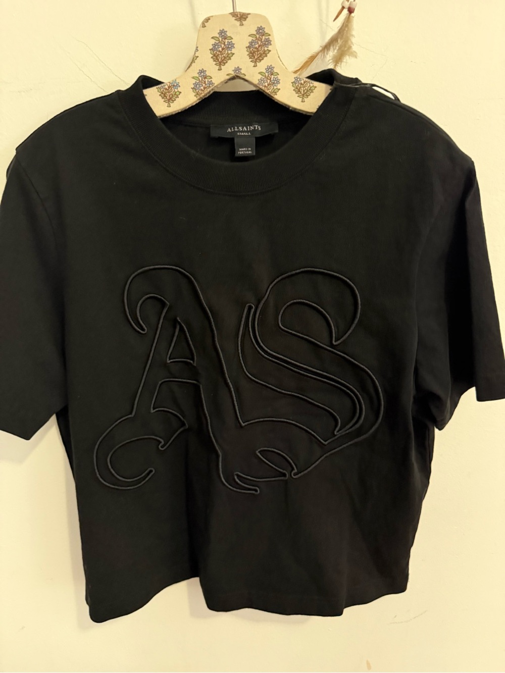 AllSaints Lisa Embos Tee Black Cord Logo Oversized T-Shirt S NWT $119